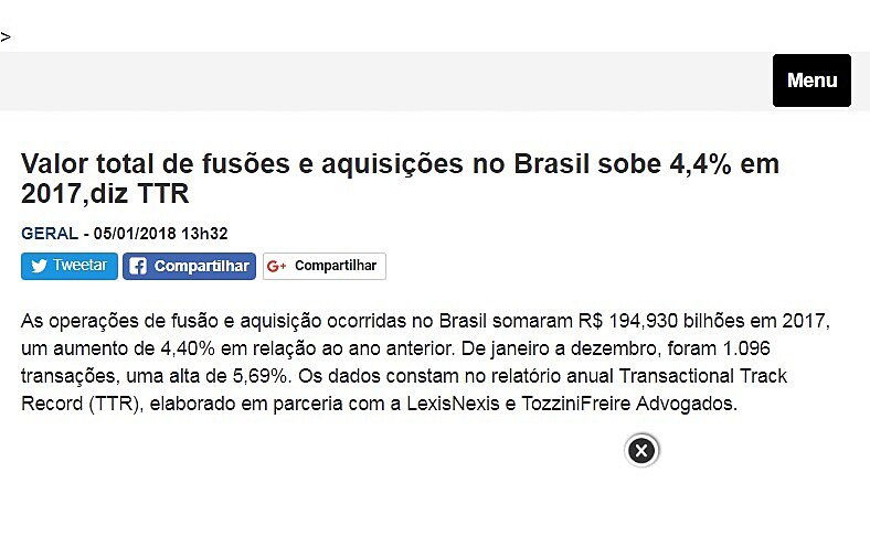 Valor total de fuses e aquisies no Brasil sobe 4,4% em 2017,diz TTR